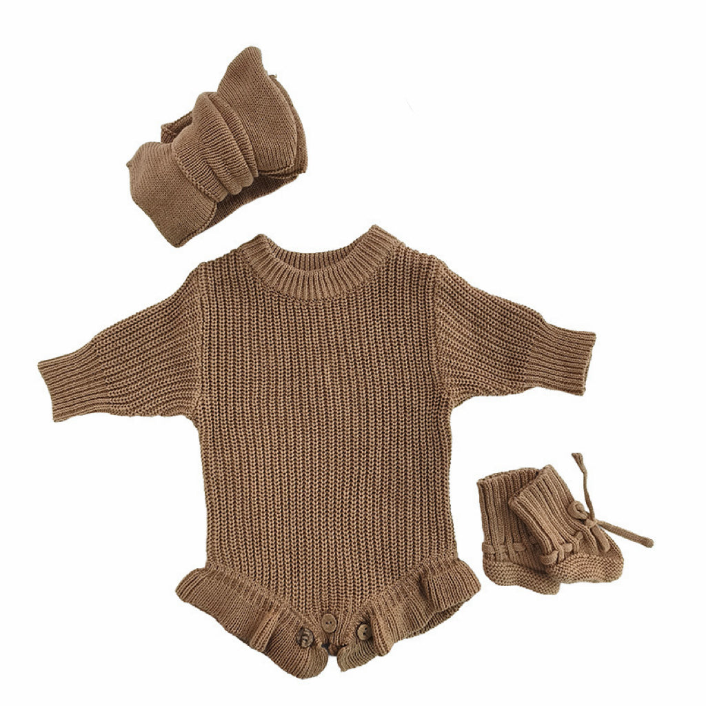 Personalised Hand Embroidered Baby Knitted Romper Set - Khaki Daisy