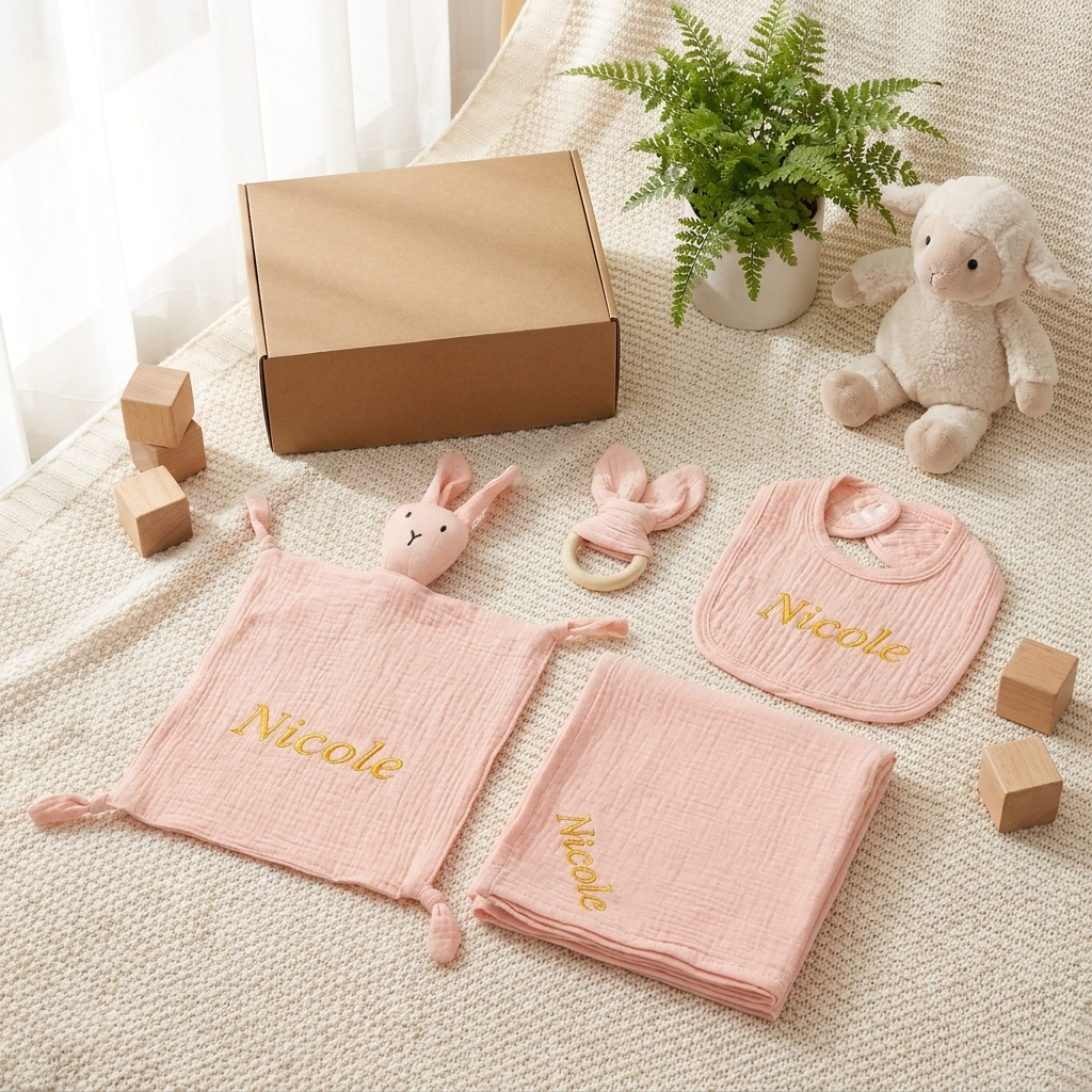 4-Piece Personalised Newborn Gift Set – Muslin Cotton Essentials