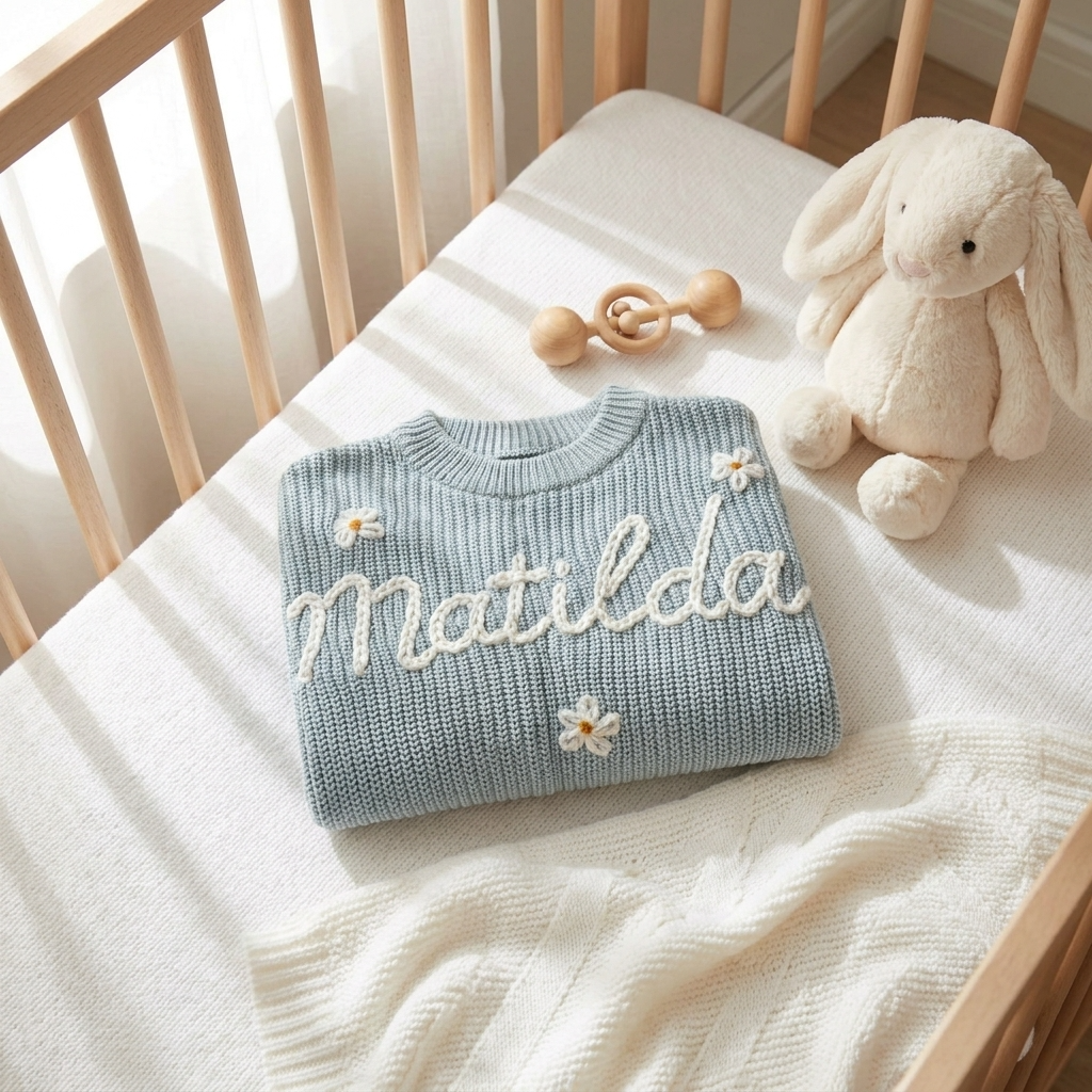 Personalised Embroided Cotton Baby Sweater - Blue Daisy