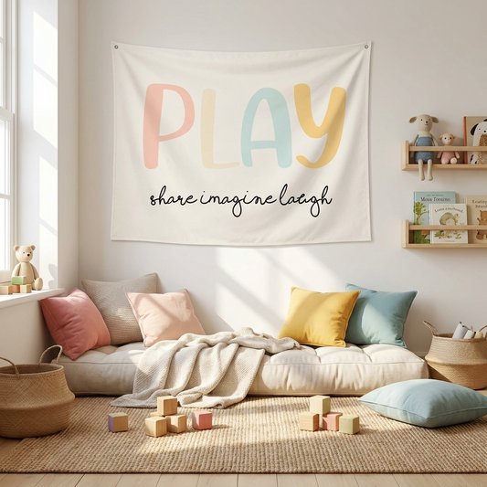 PLAY share imagine laugh Canvas Wall Hang