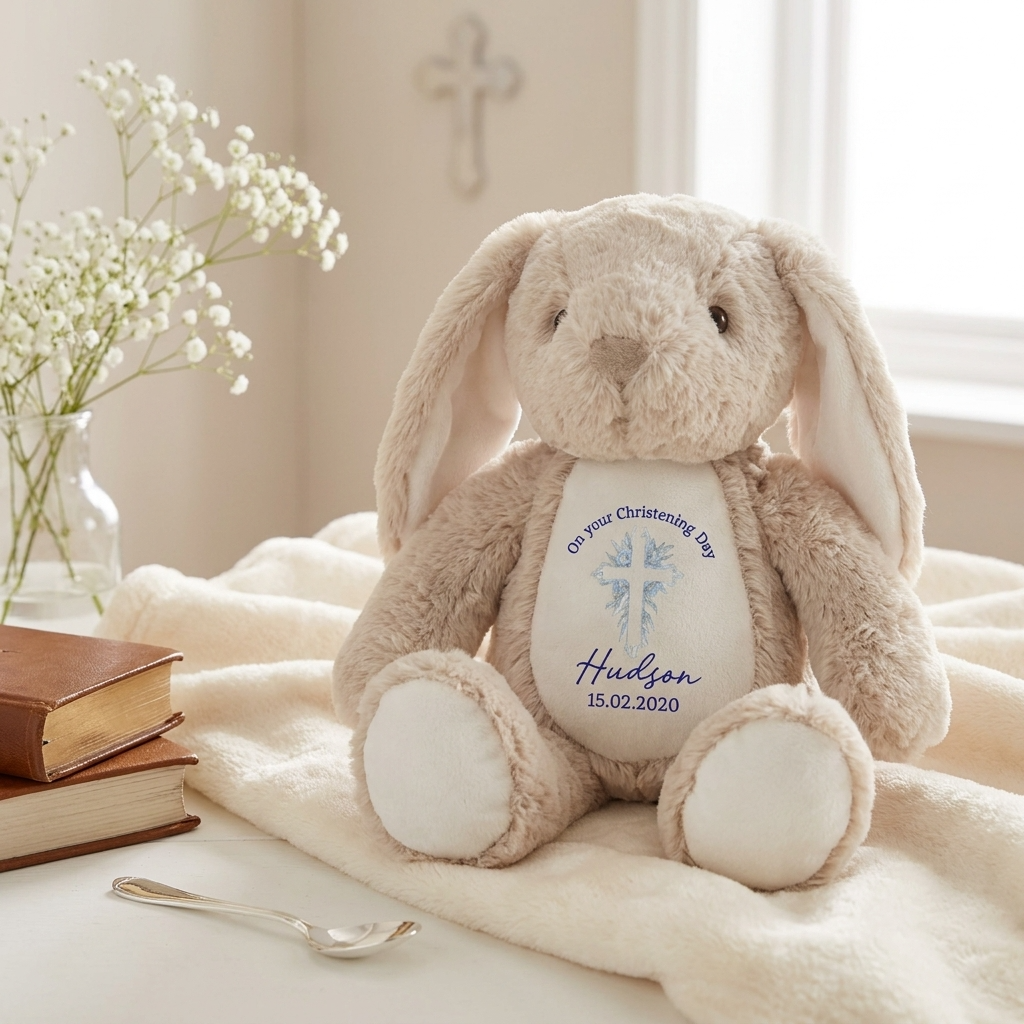 Bunny Plush - Blue Floral Cross Baptism