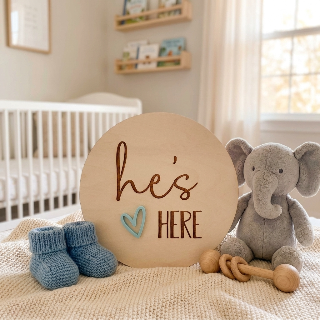 he's here heart birth annoucement