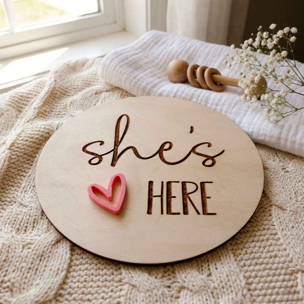 she's here heart birth annoucement