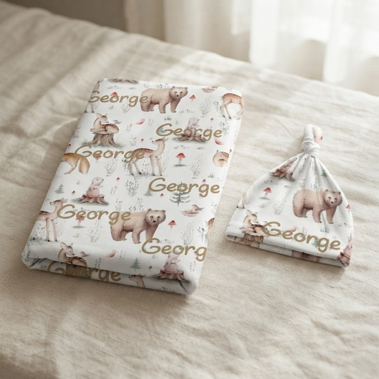 Personalised Baby Swaddle & Beanie Set - Woodlands