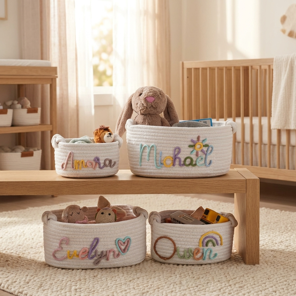 Personalised Hand Embroidered Baby Name Basket