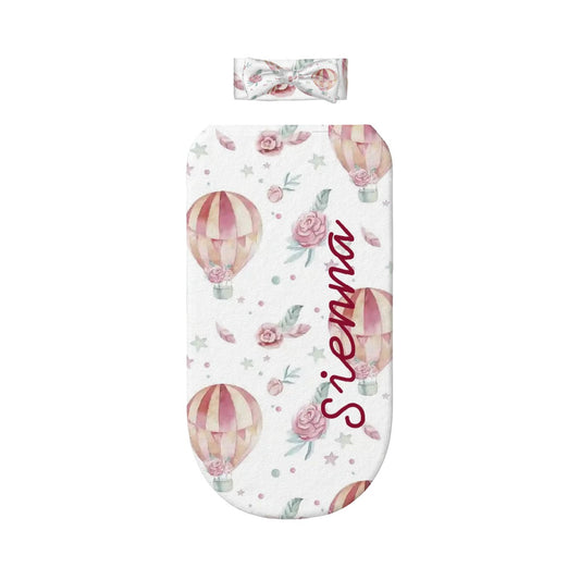 Personalised Baby Swaddle & Headband Set - Pink Hot Air Balloon