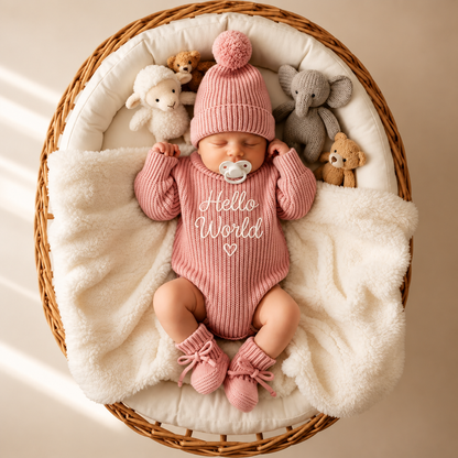 Hello World Embroidered Baby Romper Classic Set