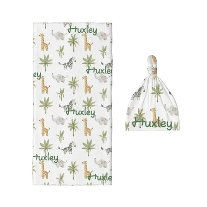 Personalised Baby Swaddle & Beanie Set - Safari