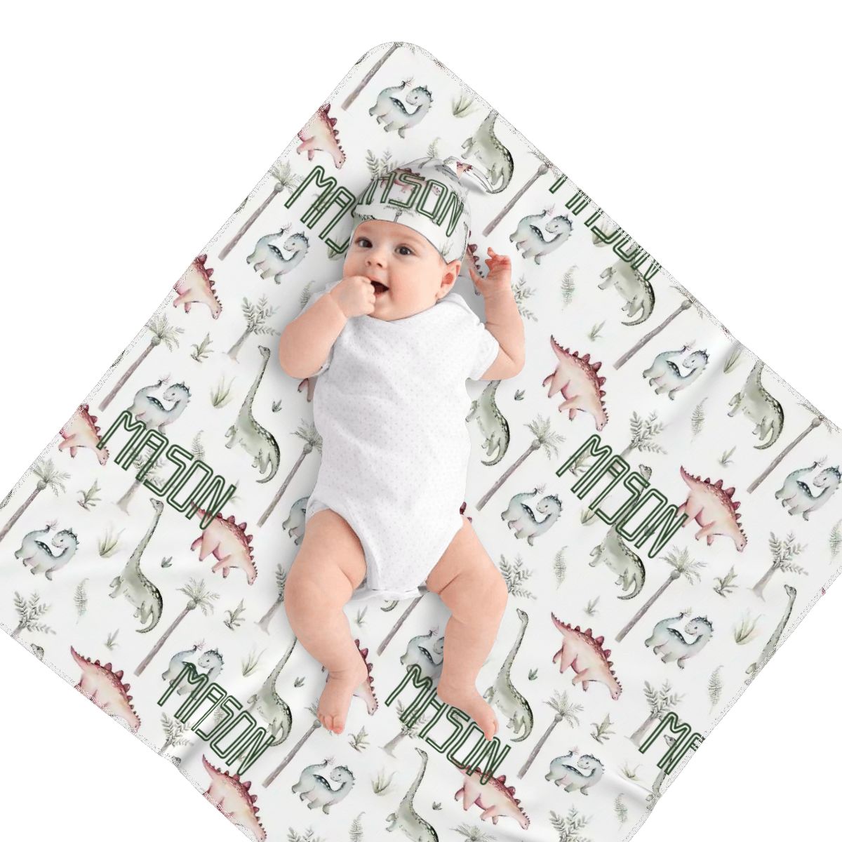 Personalised Baby Swaddle & Beanie Set - Dino