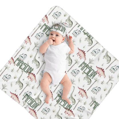 Personalised Baby Swaddle & Beanie Set - Dino