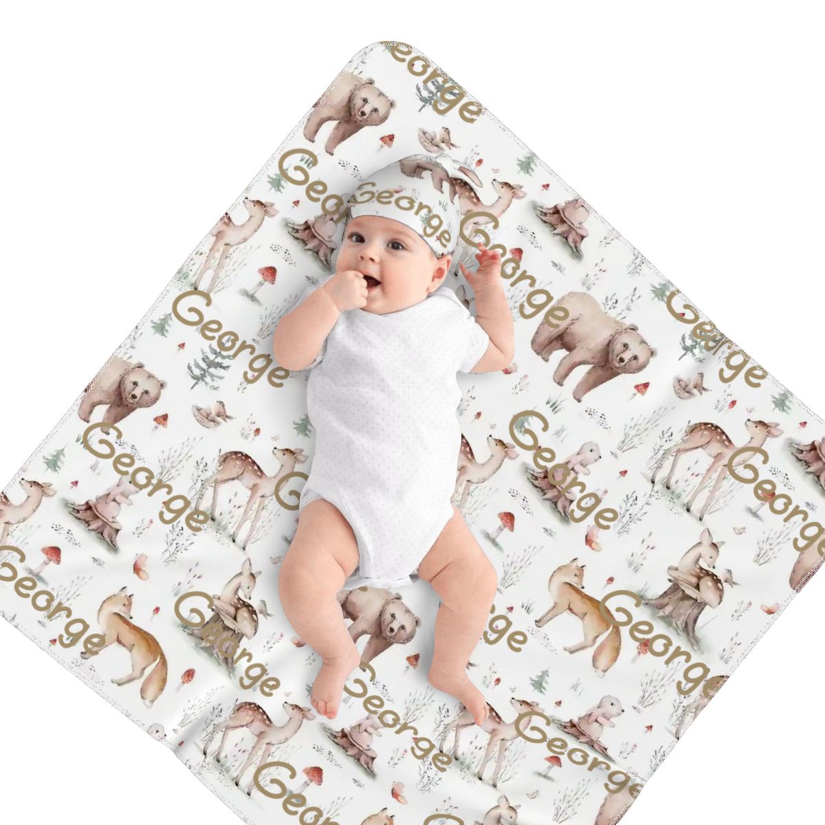 Personalised Baby Swaddle & Beanie Set - Woodlands