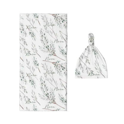 Personalised Baby Swaddle & Beanie Set - Botanical