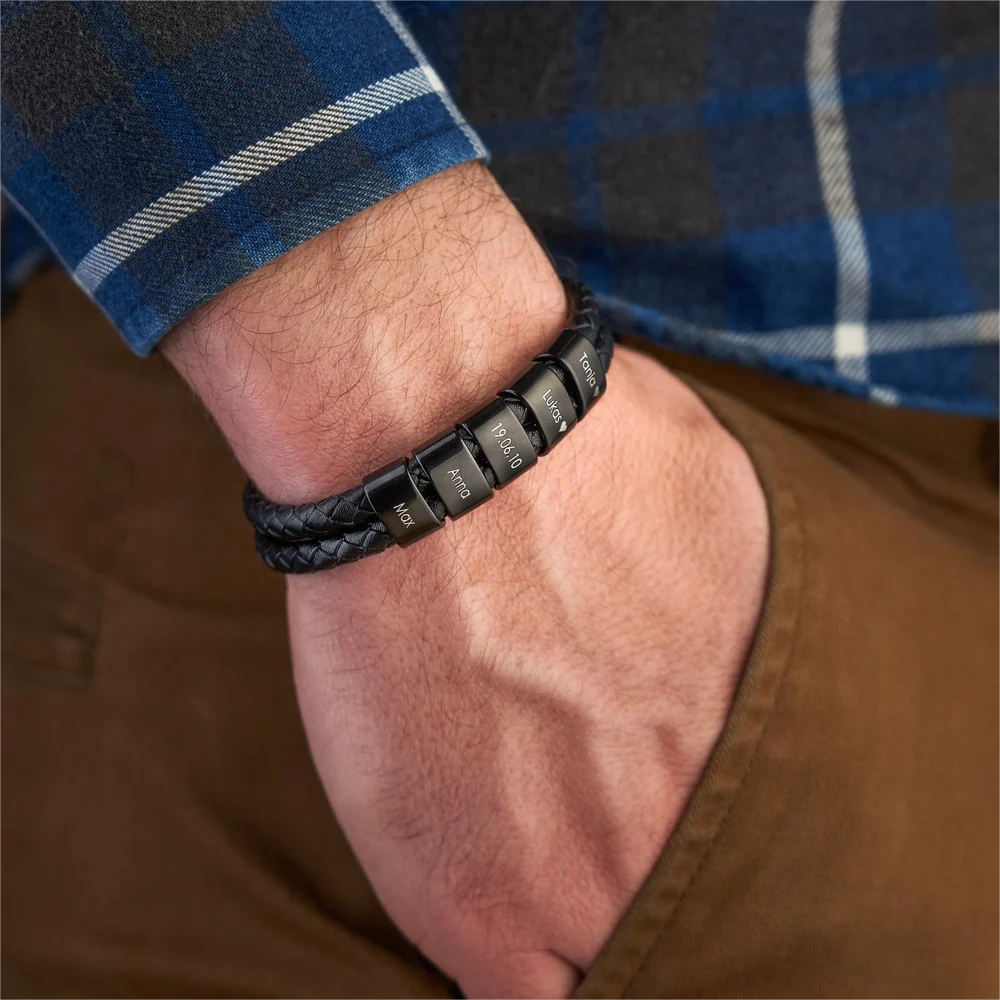 Personalised Black Leather Bracelet