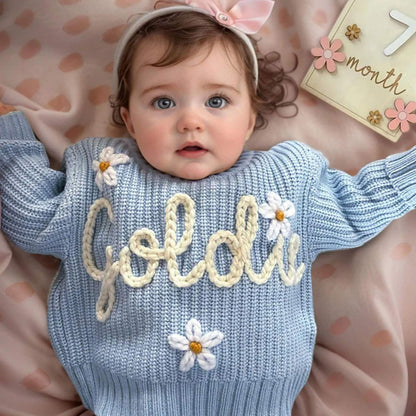 Personalised Embroided Cotton Baby Sweater - Blue Daisy