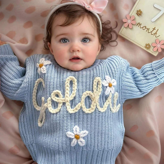 Personalised Embroided Cotton Baby Sweater - Blue Daisy