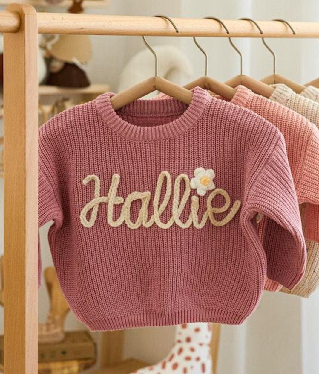 Personalised Embroided Cotton Baby Sweater - Pink Daisy