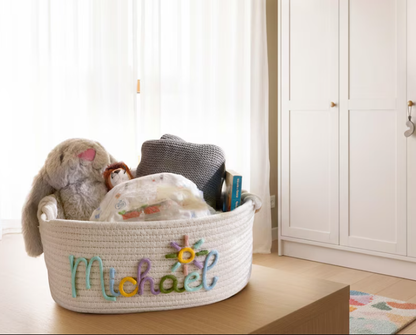 Personalised Hand Embroidered Baby Name Basket