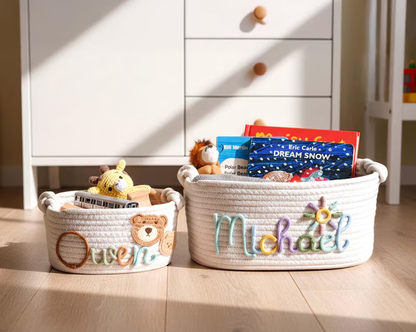Personalised Hand Embroidered Baby Name Basket