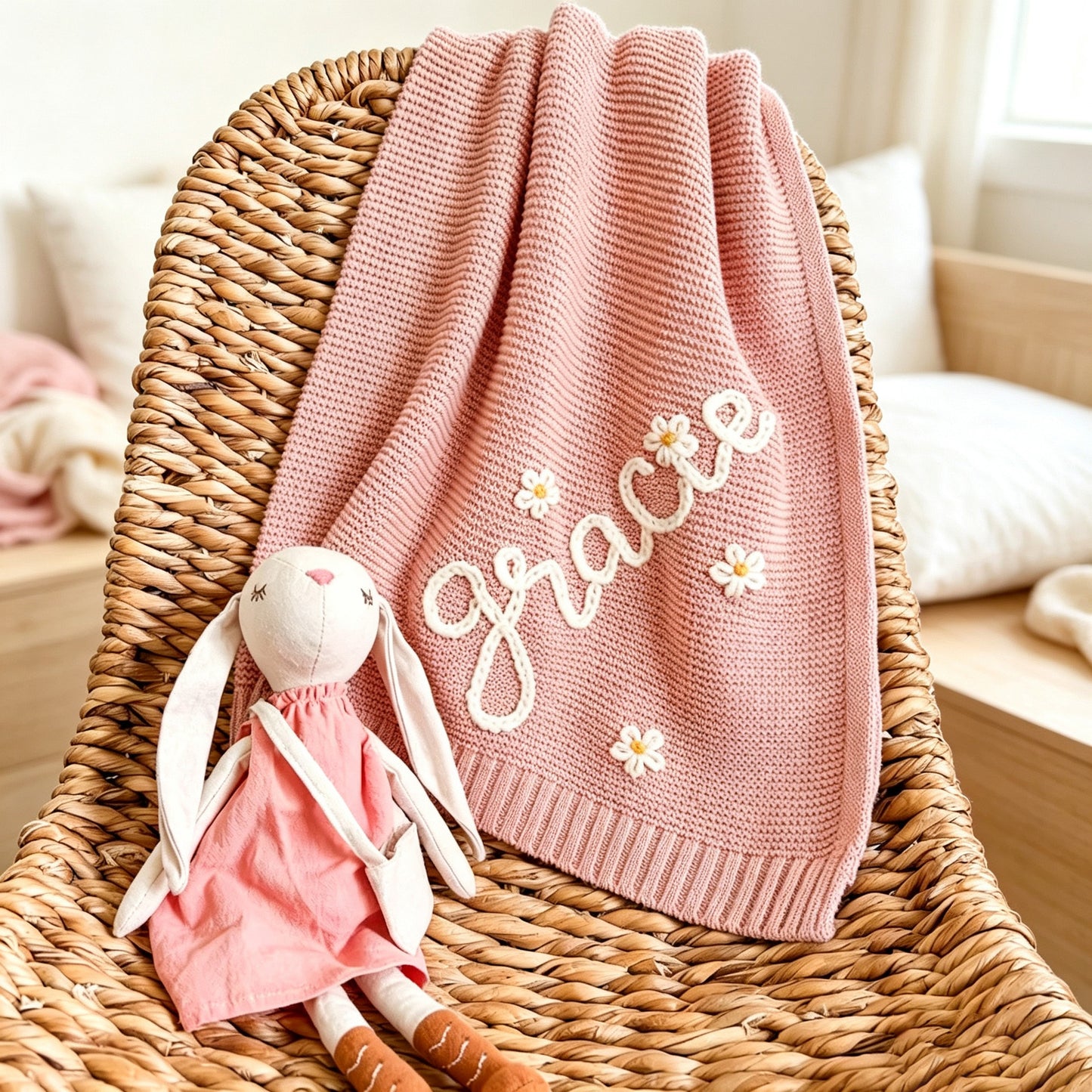 Personalised Embroidered Cotton Baby Blanket - Pink Daisy
