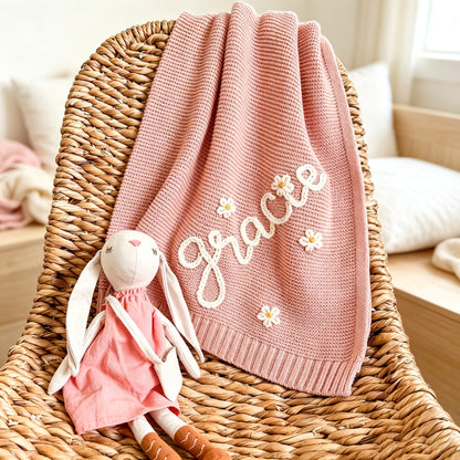 Personalised Embroidered Cotton Baby Blanket - Pink Daisy