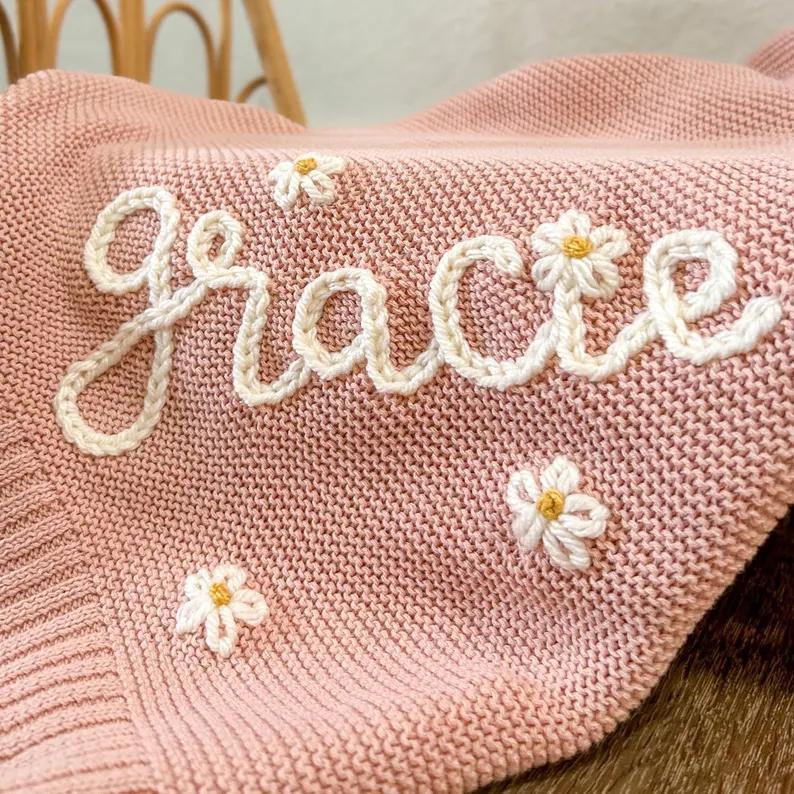 Personalised Embroidered Cotton Baby Blanket - Pink Daisy
