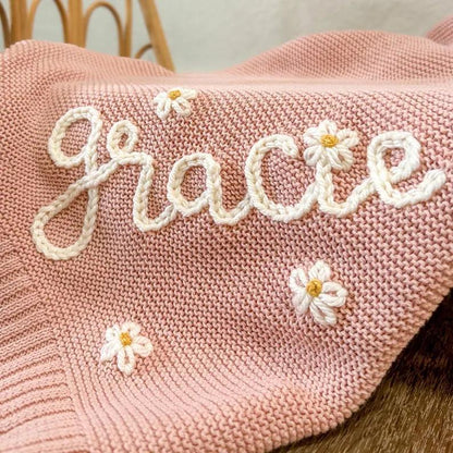 Personalised Embroidered Cotton Baby Blanket - Pink Daisy