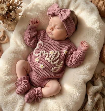 Personalised Hand Embroidered Baby Knitted Romper Set - Pink Daisy