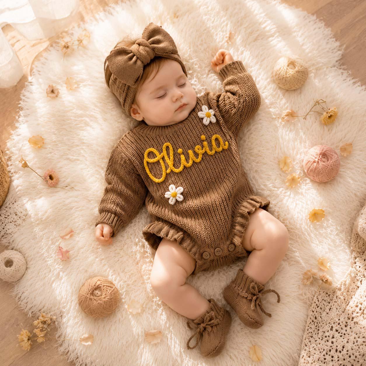 Personalised Hand Embroidered Baby Knitted Romper Set - Khaki Daisy