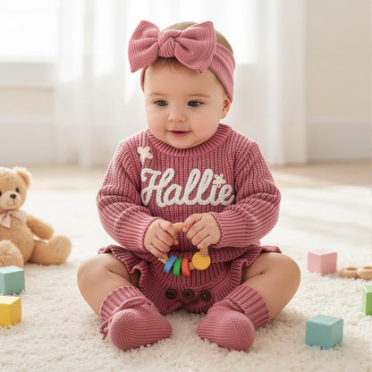 Personalised Hand Embroidered Baby Knitted Romper Set - Pink Daisy