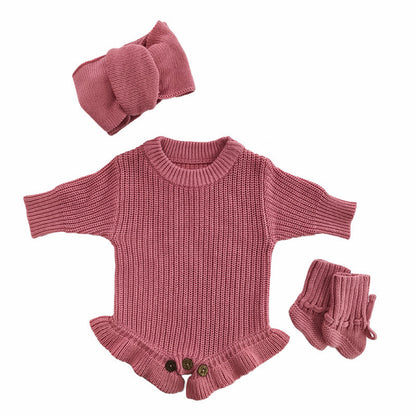 Personalised Hand Embroidered Baby Knitted Romper Set - Pink Daisy