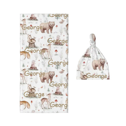 Personalised Baby Swaddle & Beanie Set - Woodlands