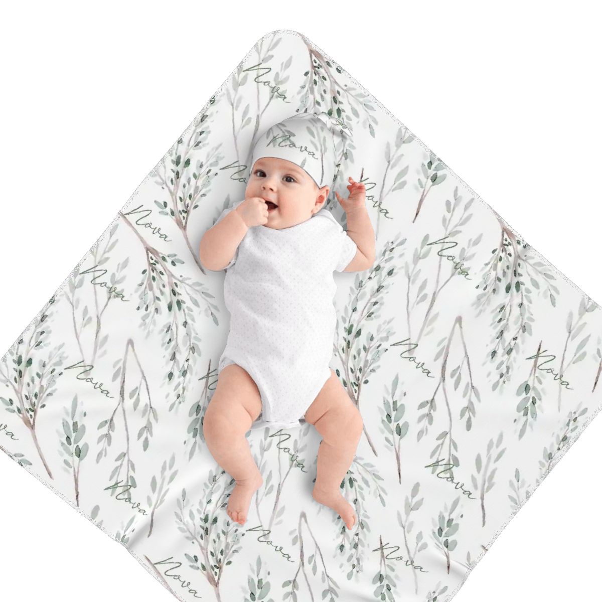 Personalised Baby Swaddle & Beanie Set - Botanical