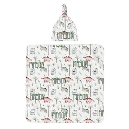 Personalised Baby Swaddle & Beanie Set - Dino