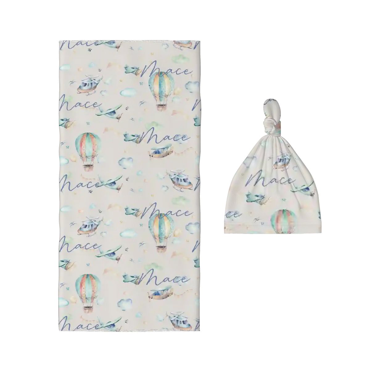 Personalised Baby Swaddle & Beanie Set - Flight