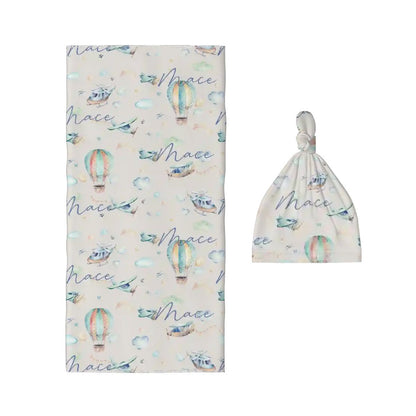 Personalised Baby Swaddle & Beanie Set - Flight