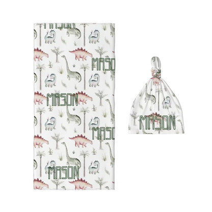 Personalised Baby Swaddle & Beanie Set - Dino