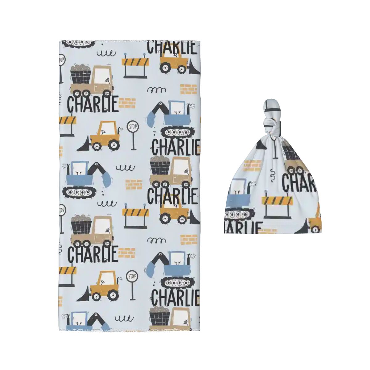 Personalised Baby Swaddle & Beanie Set - Construction