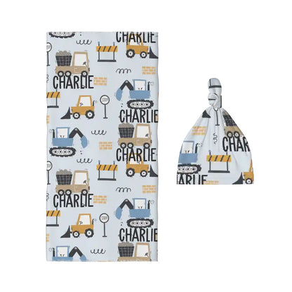 Personalised Baby Swaddle & Beanie Set - Construction