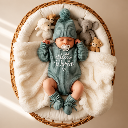 Hello World Embroidered Baby Romper Classic Set