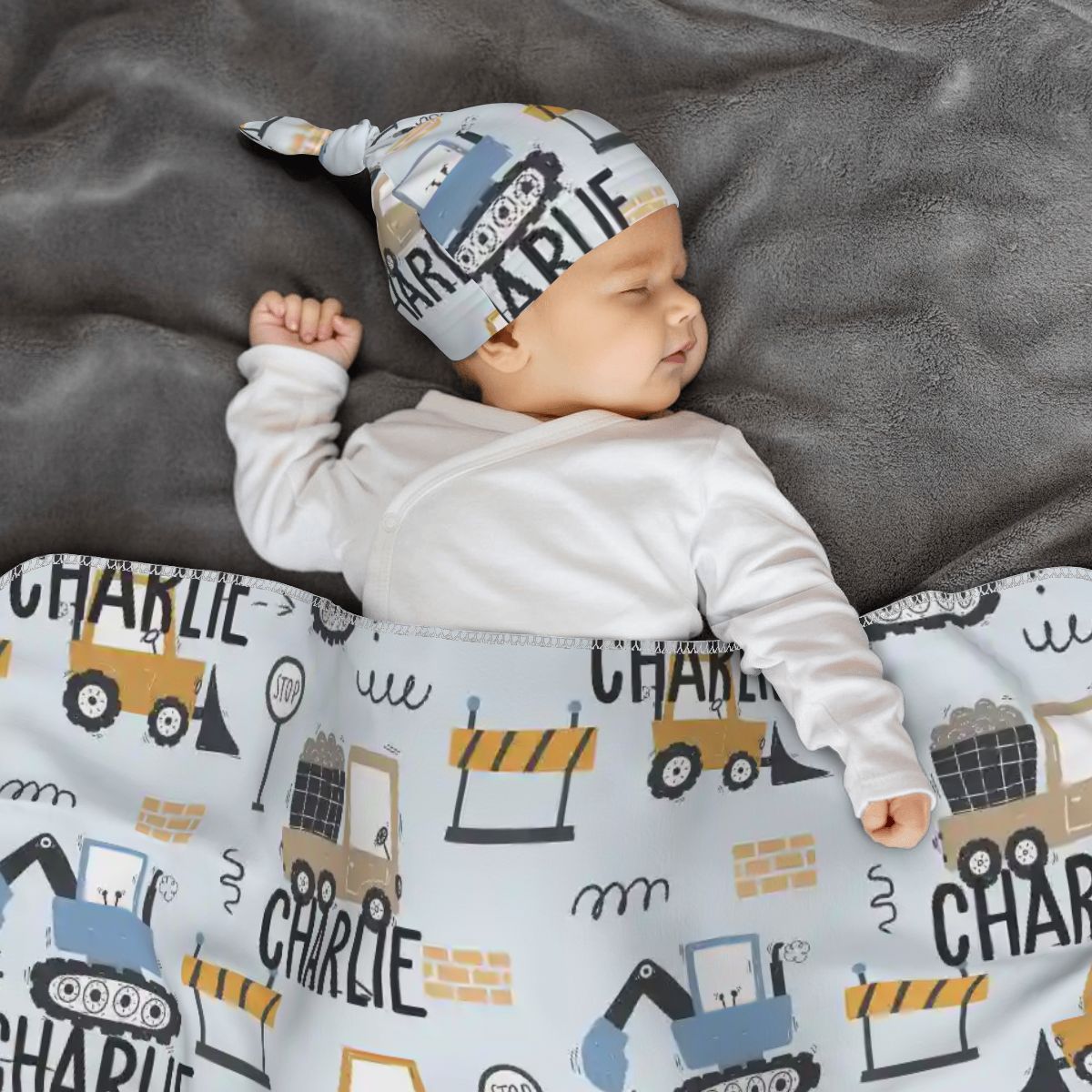 Personalised Baby Swaddle & Beanie Set - Construction