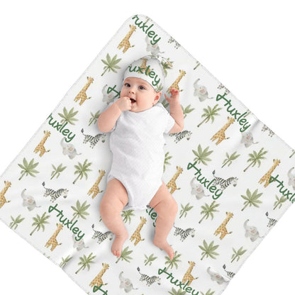 Personalised Baby Swaddle & Beanie Set - Safari