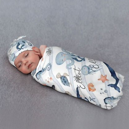 Personalised Baby Swaddle & Beanie Set - Ocean