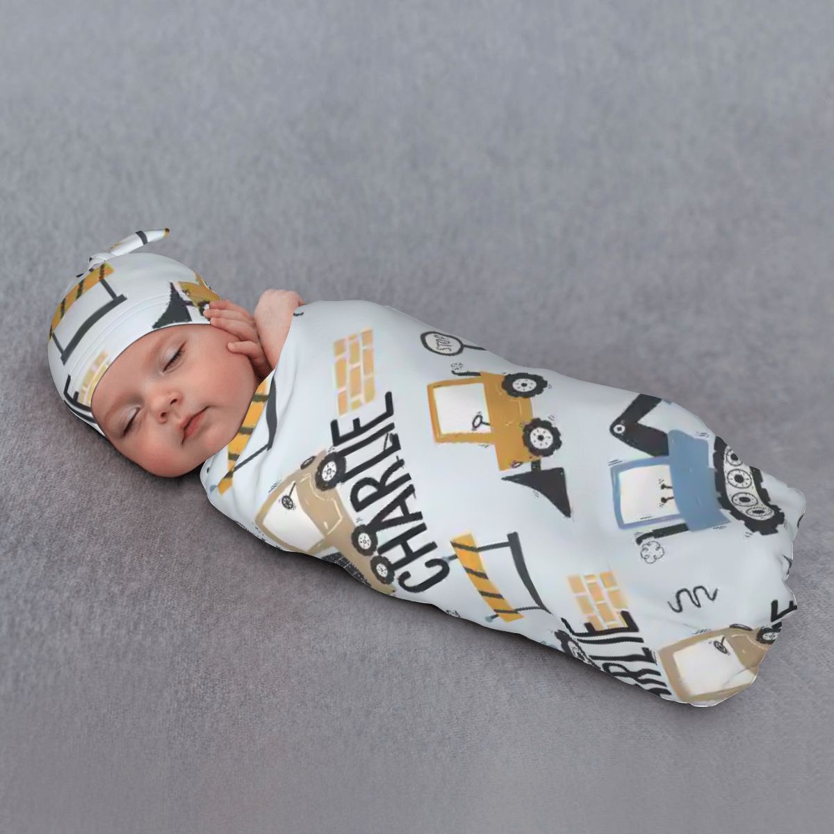 Personalised Baby Swaddle & Beanie Set - Construction
