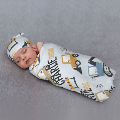Personalised Baby Swaddle & Beanie Set - Construction