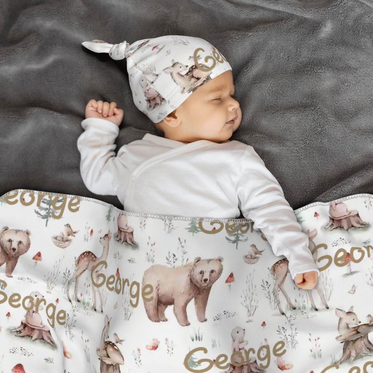 Personalised Baby Swaddle & Beanie Set - Woodlands