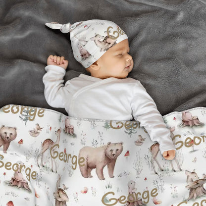 Personalised Baby Swaddle & Beanie Set - Woodlands