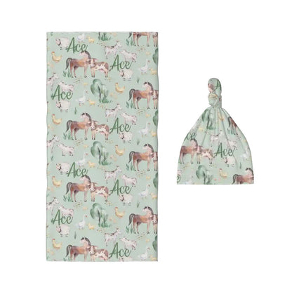 Personalised Baby Swaddle & Beanie Set - Farm