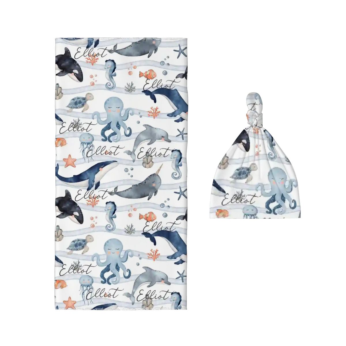 Personalised Baby Swaddle & Beanie Set - Ocean