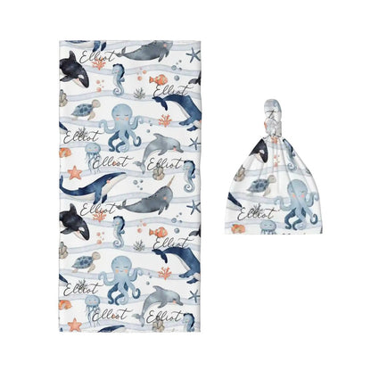 Personalised Baby Swaddle & Beanie Set - Ocean