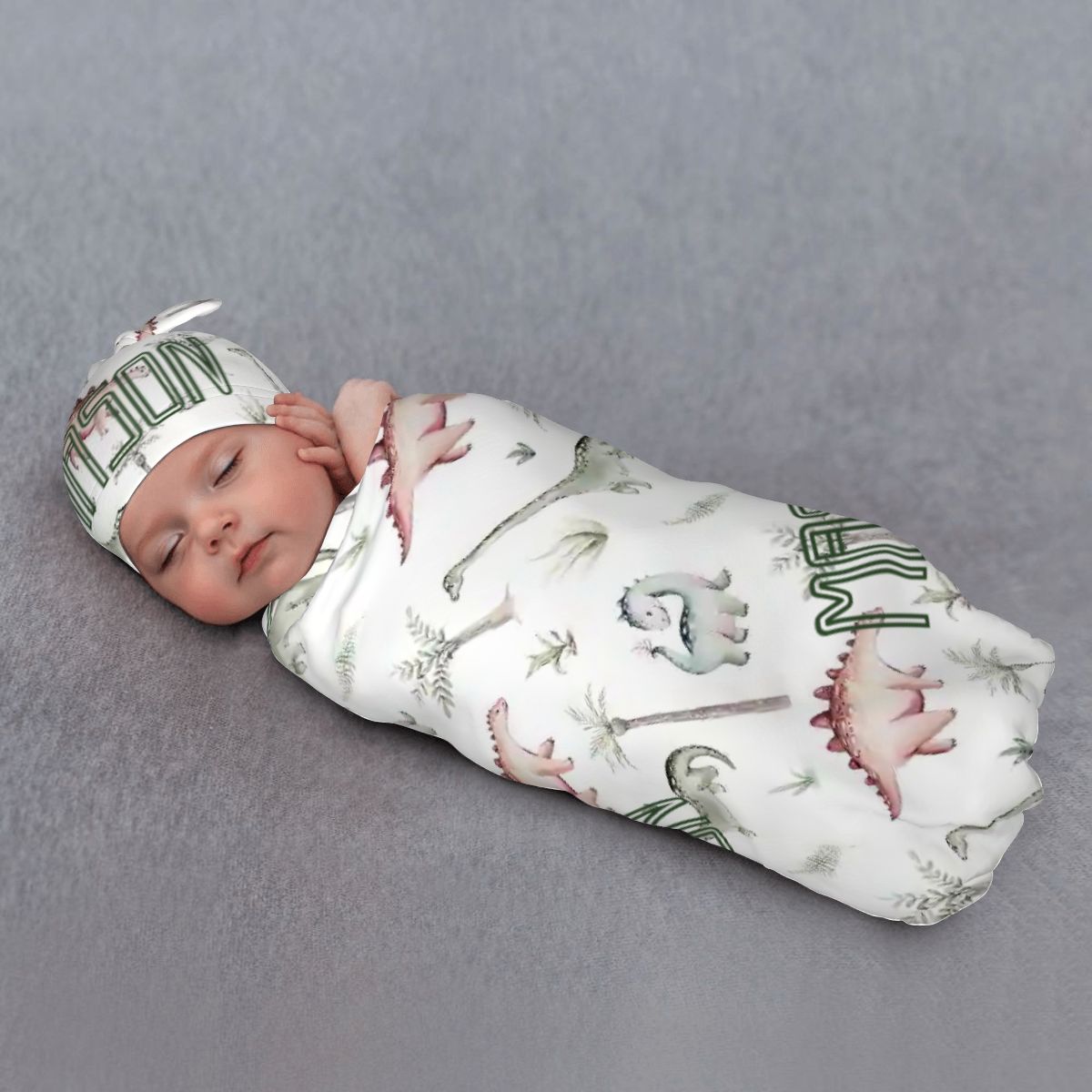 Personalised Baby Swaddle & Beanie Set - Dino
